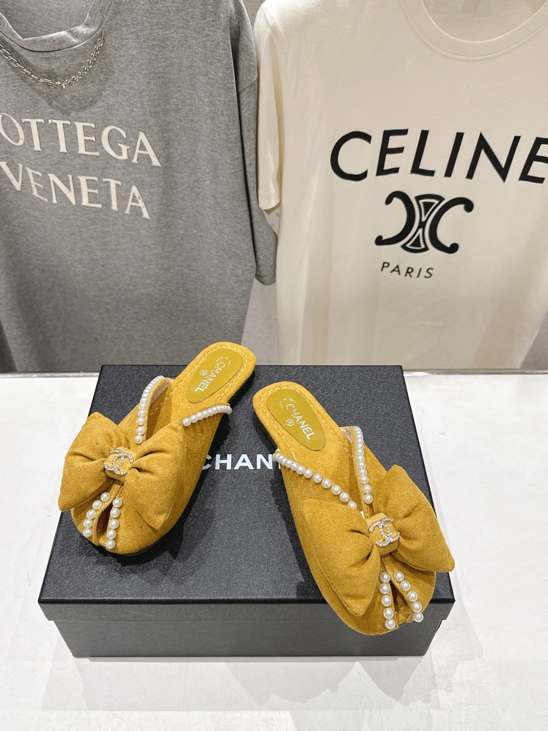Chanel 2026 Pearl Bow Flat Slipper Suede Sheepskin 713038