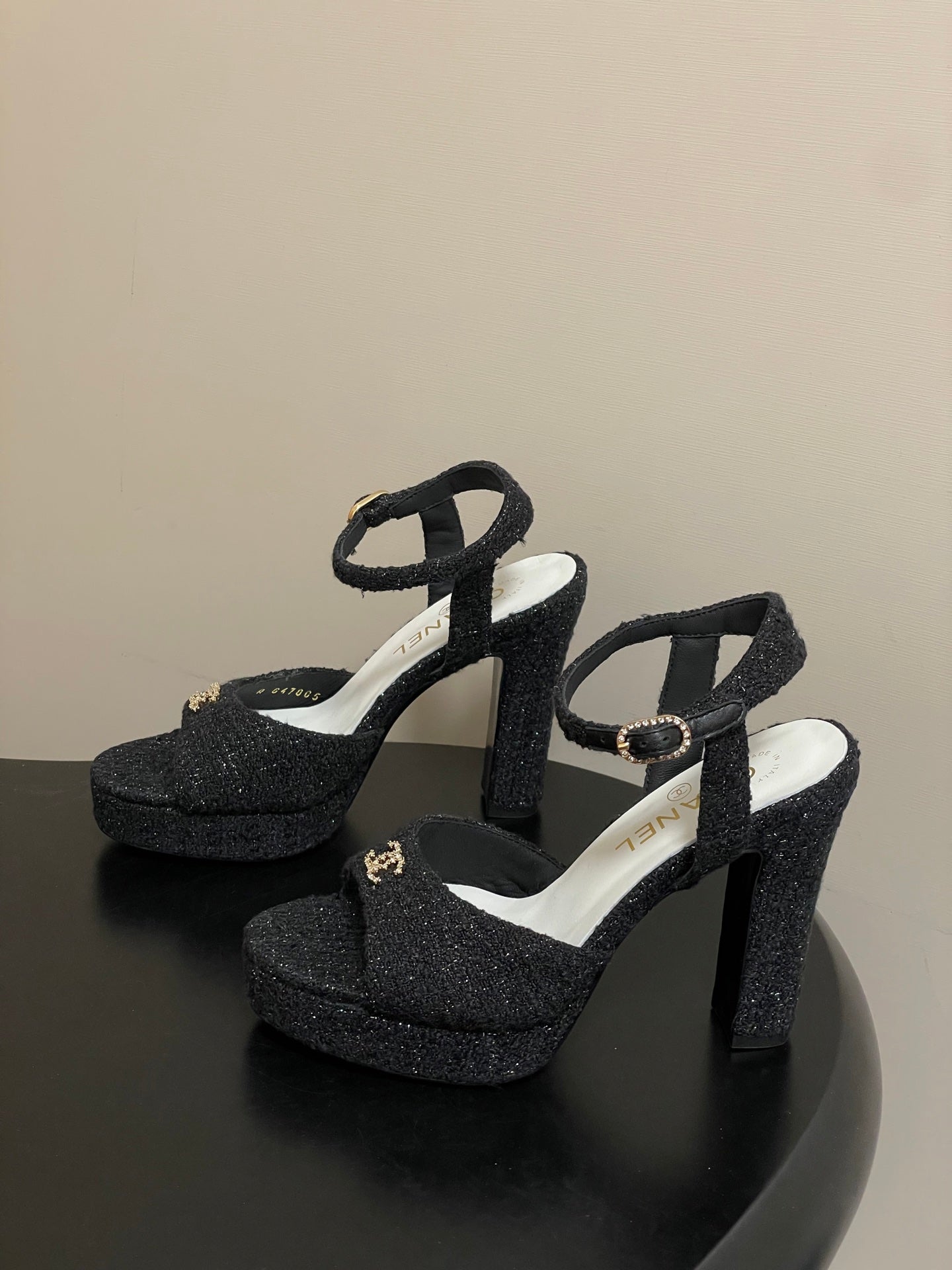 Chanel 2026 High heeled Chunky Platform Peep-toe Sandals Tweed Leather