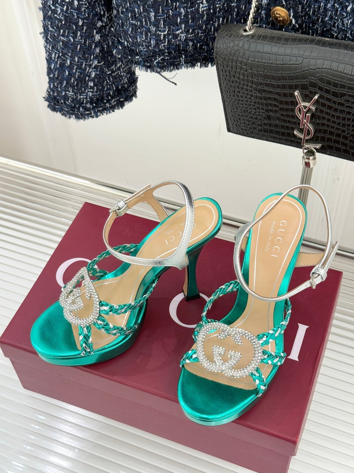 GG 26ss Platform High Heel Sandals 105 Sheepskin Rhinestone Double G