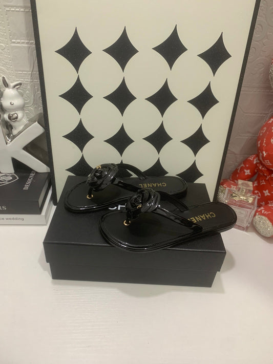 Chanel 2026 Camellia Flip-Flops Patent Calfskin 802344