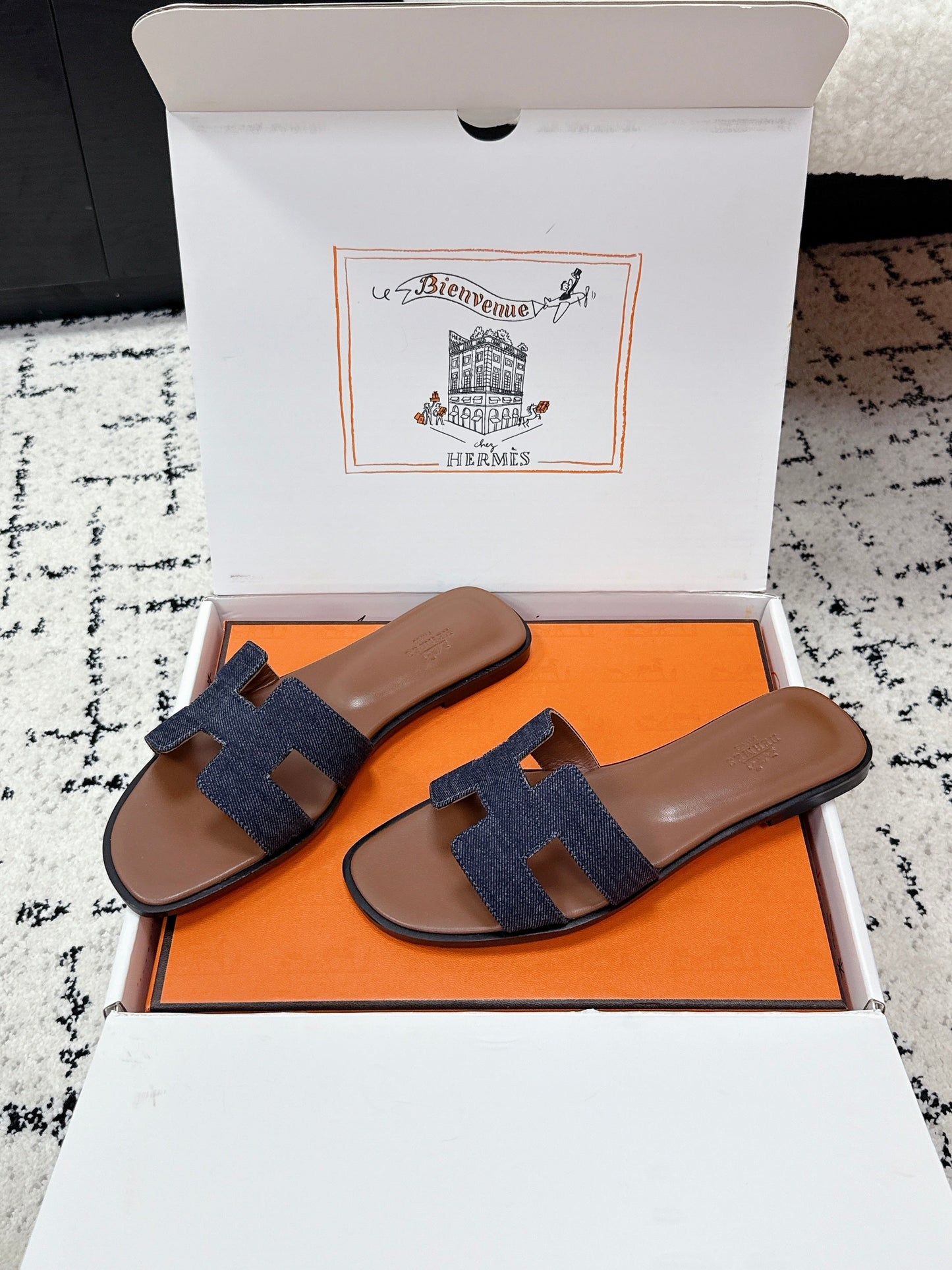 HM 26ss Oran Sandals Blue Brown Denim Cowhide 617181