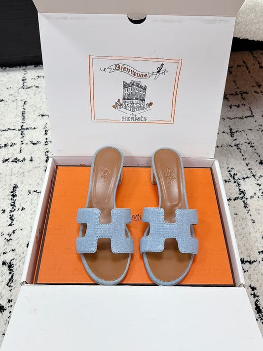 HM 26ss High-Heeled Sandals 50 Brown Blue Denim Cowhide 617220