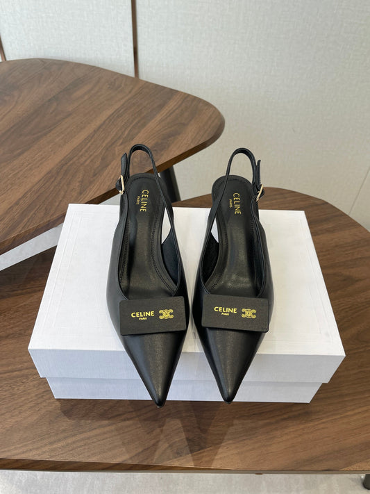 Celine 26 Pointed-Toe Slingback Black Sheepskin 624686
