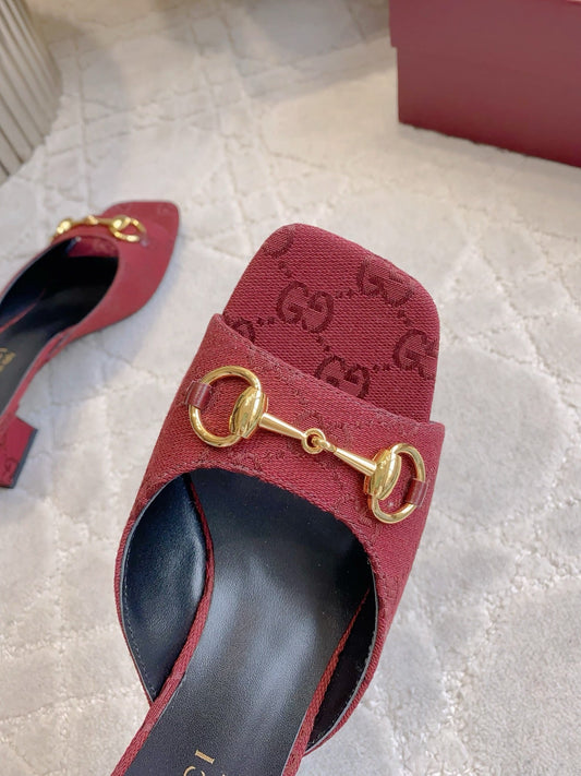 GG 26SS High-Heeled Sandals Dark Red Canvas Leather 644532