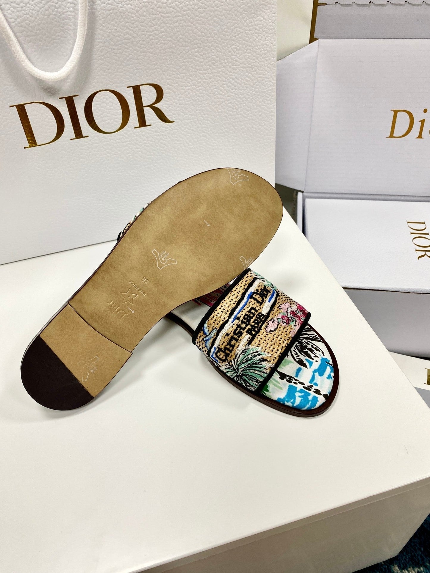 CD 26s Embroidered Sandals Blue Multicolor Canvas Leather 683006