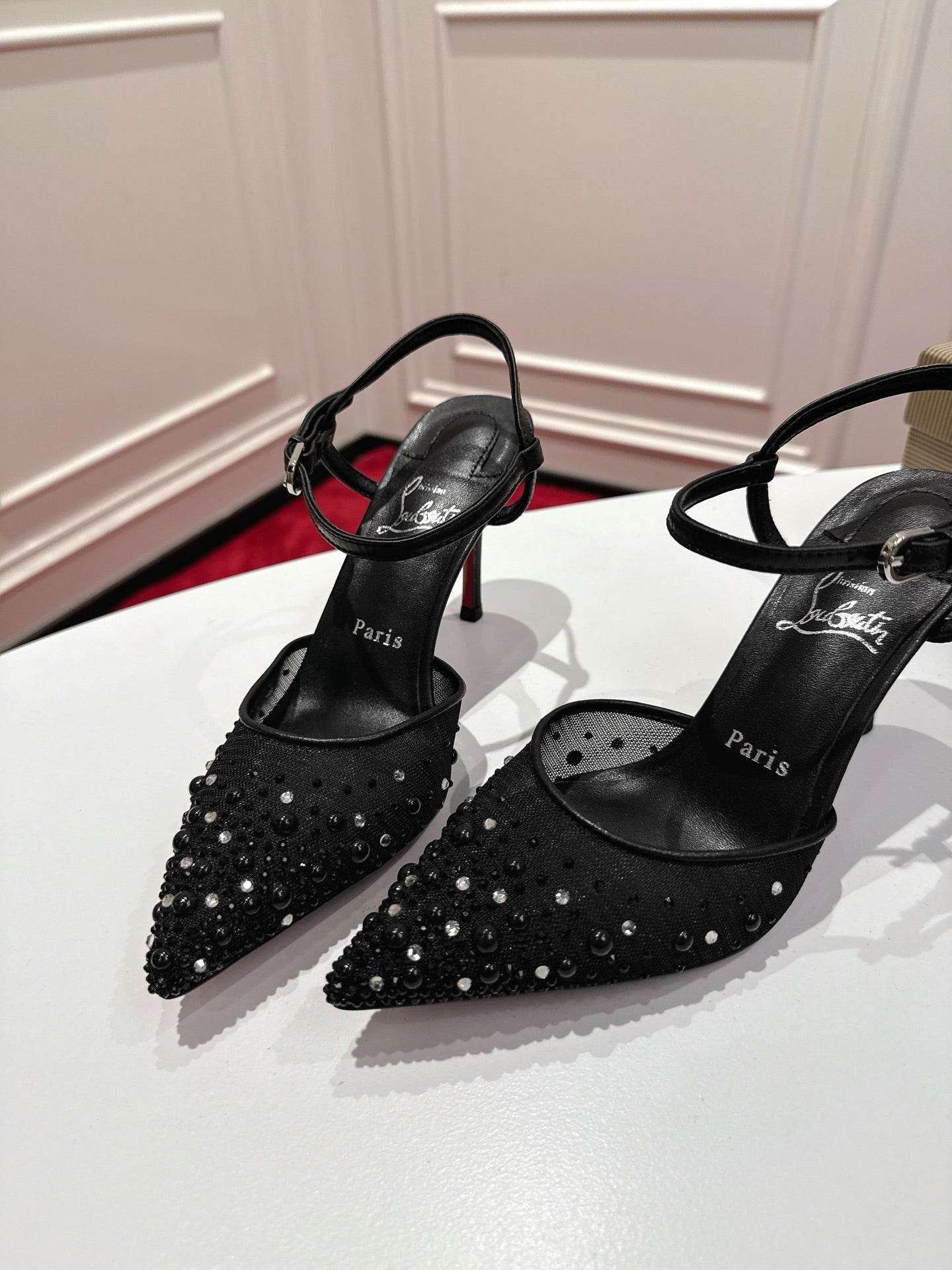 Christian Louboutin Miss Z Degrastrass Perla Slingback Pump Mesh Strass Leather 863574