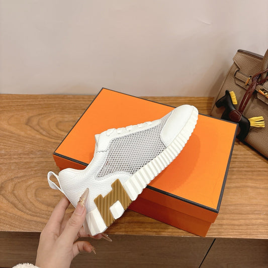 HM 26ss Sneakers White Gray Cowhide Fabric 638567