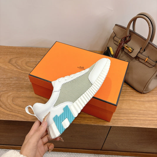 HM 26ss Sneakers White Light Green Cowhide Fabric 638564