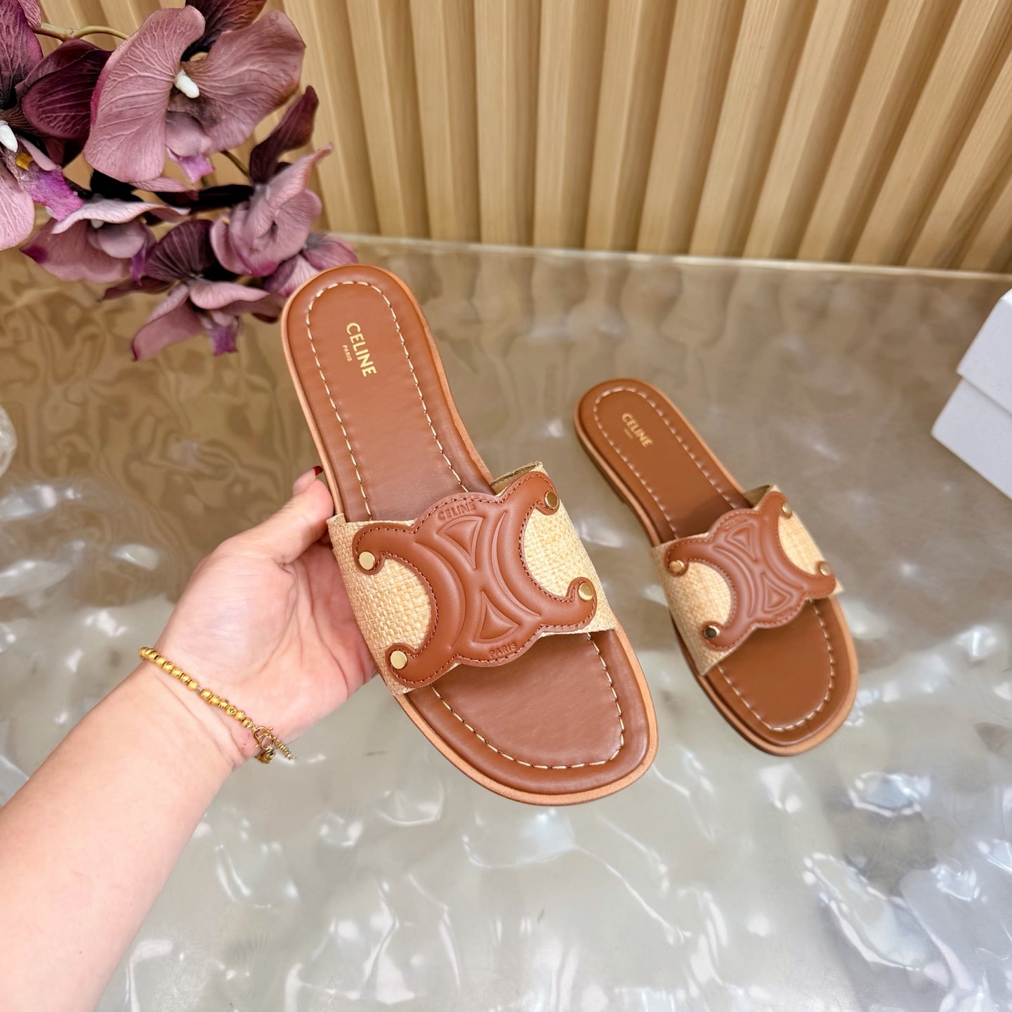 Celine 26 Triomphe Slide Sandals Leather 749443