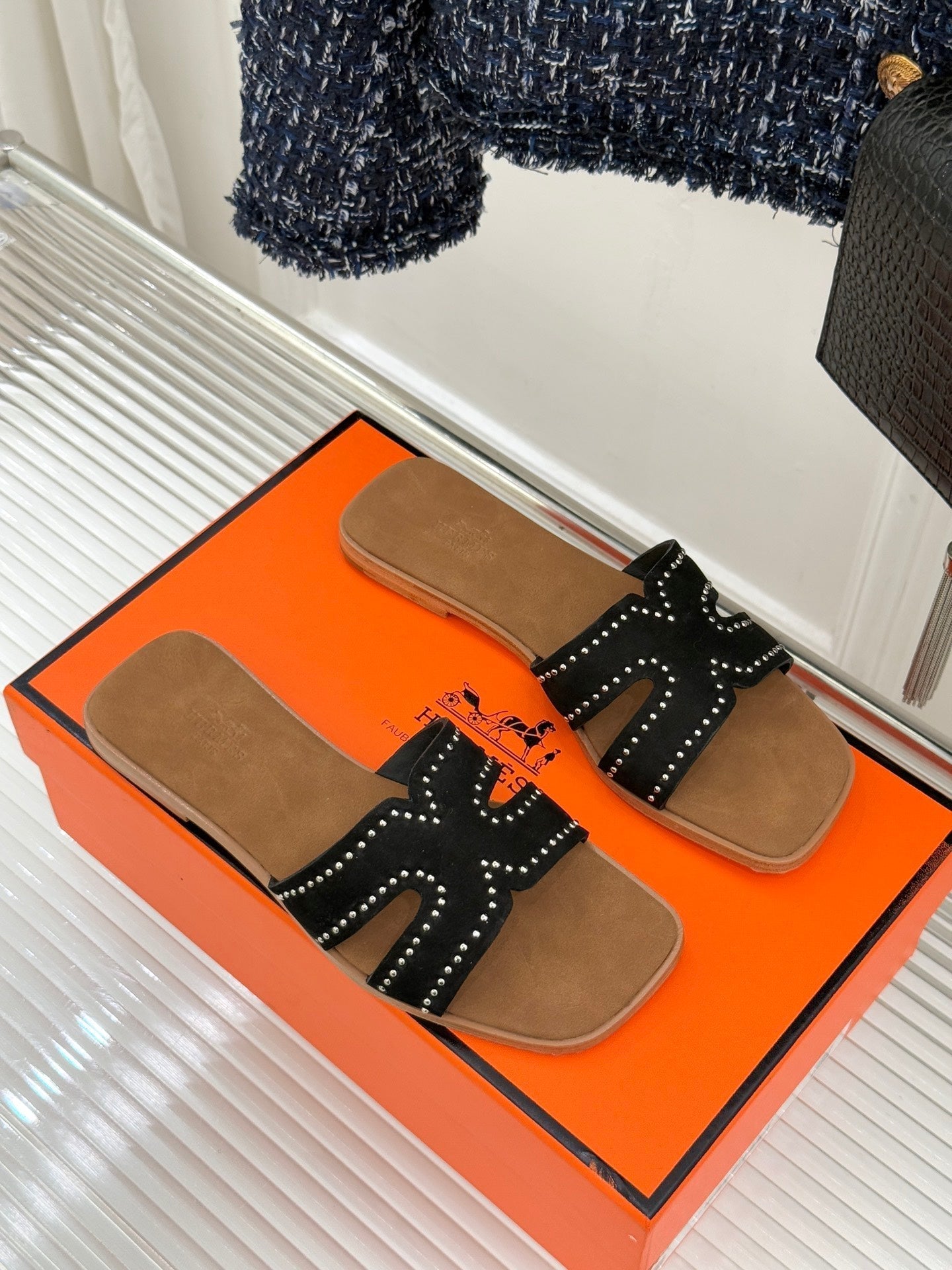 HM 26ss Flat Slippers Brown Black Suede 642827