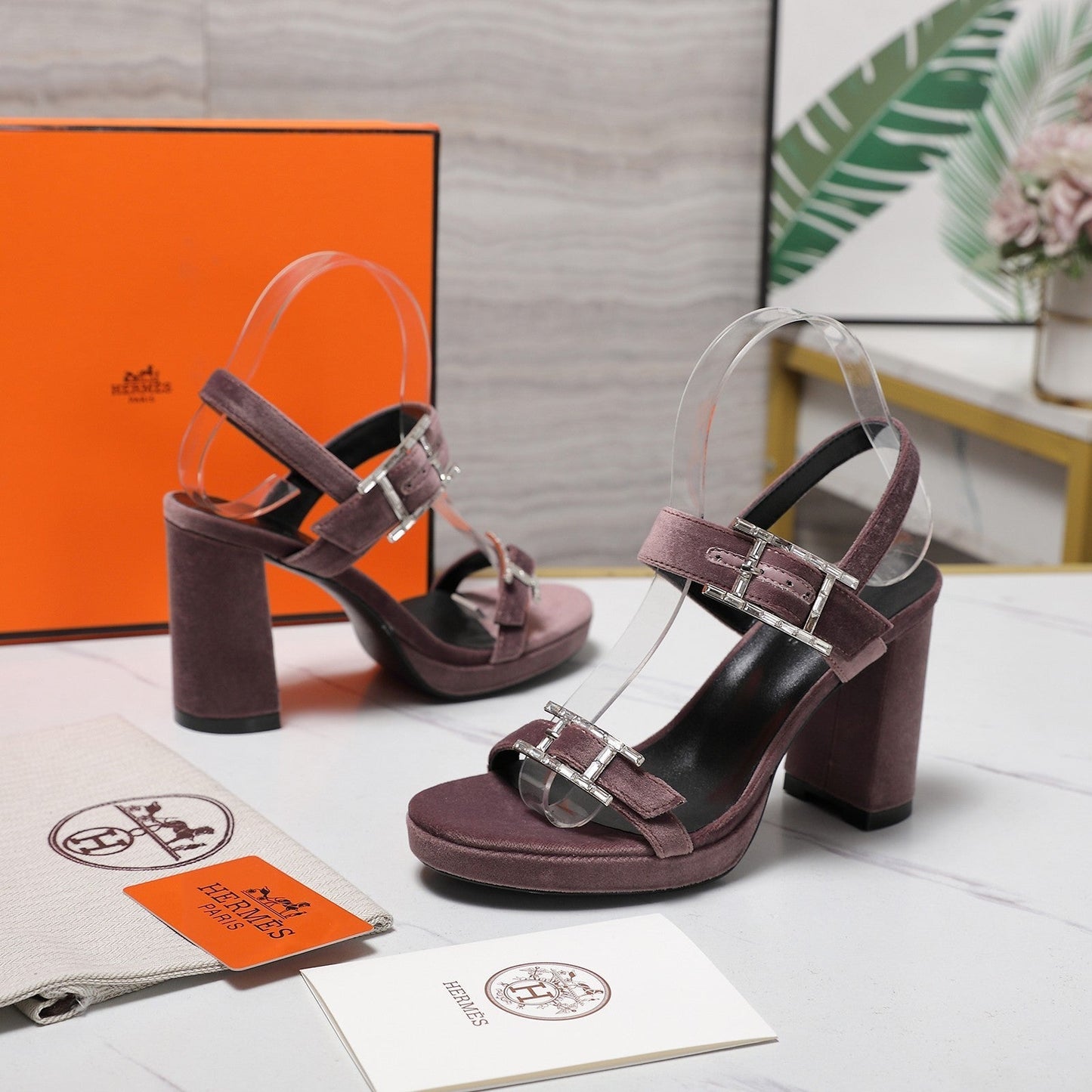HM 26ss Platform High-Heeled Sandals Mauve Velvet Sheepskin 601221