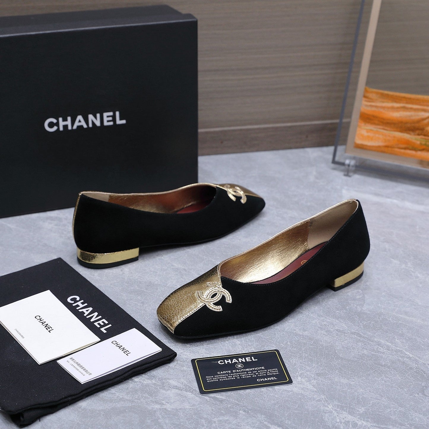 Chanel 2026 Ballet Flats Black Gold Suede Sheepskin 758421