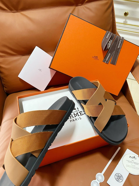 HM 2026 Cross Sandals Black Camel Brown Canvas Calfskin 667289