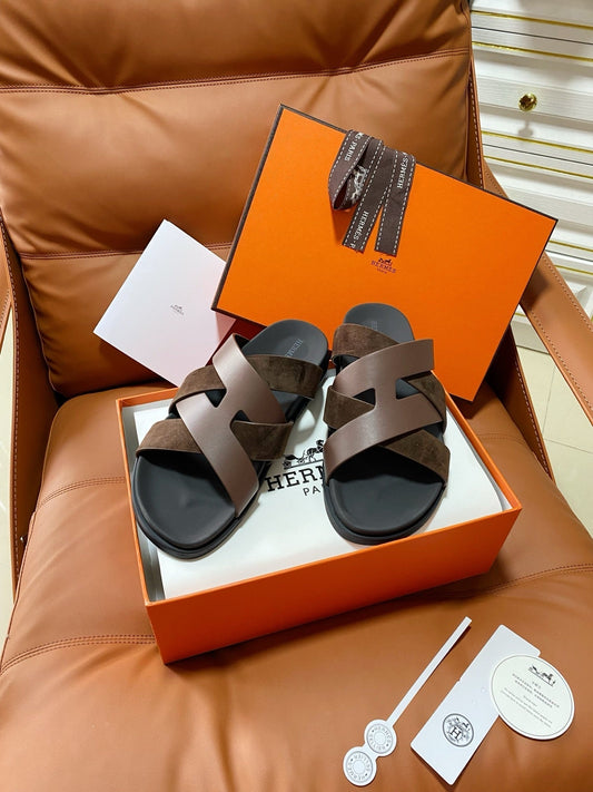 HM 2026 Cross Sandals Black Brown Suede Calfskin 667293