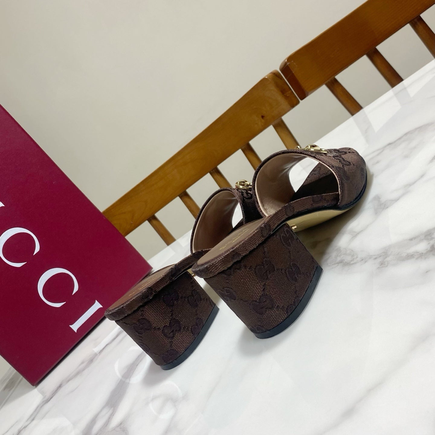 GG 26SS Chunky Heeled Sandals 65 Dark Brown Canvas Leather 640623