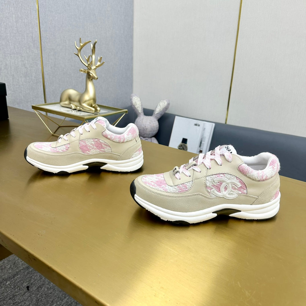 CC 2026 Casual Sneakers Beige Pink Suede Tweed 668062