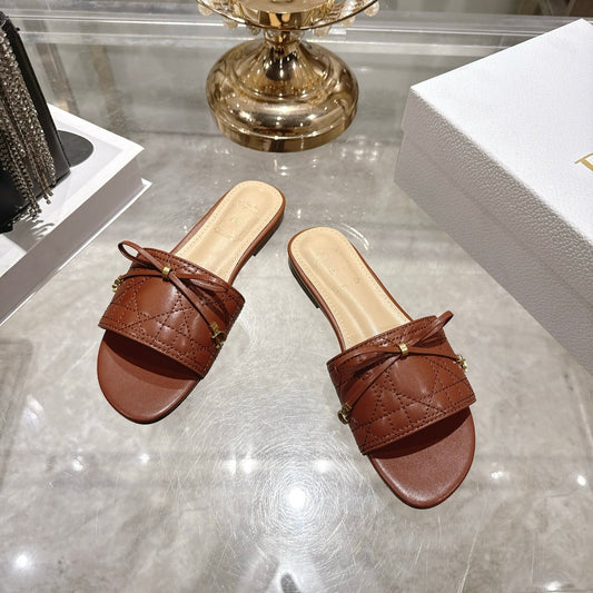CD 26 Embroidered Slippers Brown Beige Sheepskin 679667