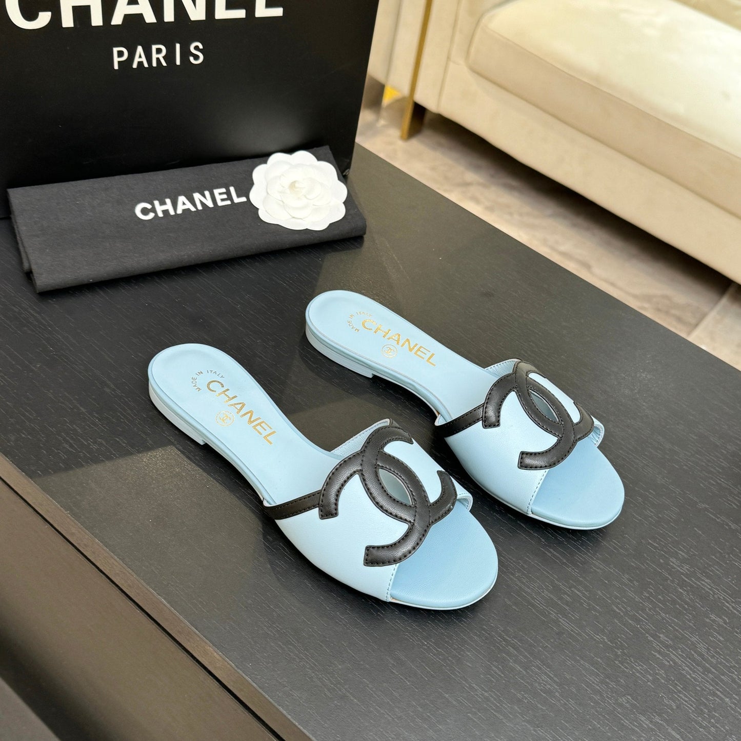 Chanel 2026 Flat Sandal Light Blue Black Cowhide