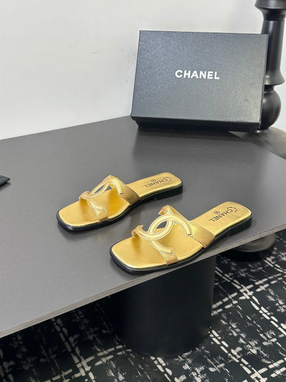 Chanel 2026 Flat Sandal Gold Cowhide