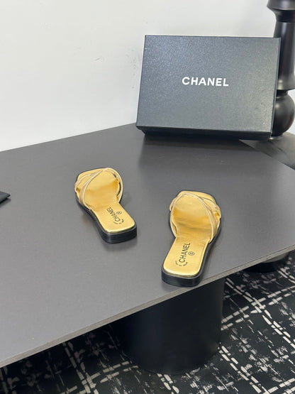 Chanel 2026 Flat Sandal Gold Cowhide