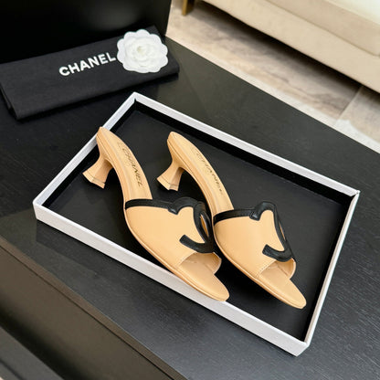 Chanel 2026 Heeled Sandal Beige Black Lambskin