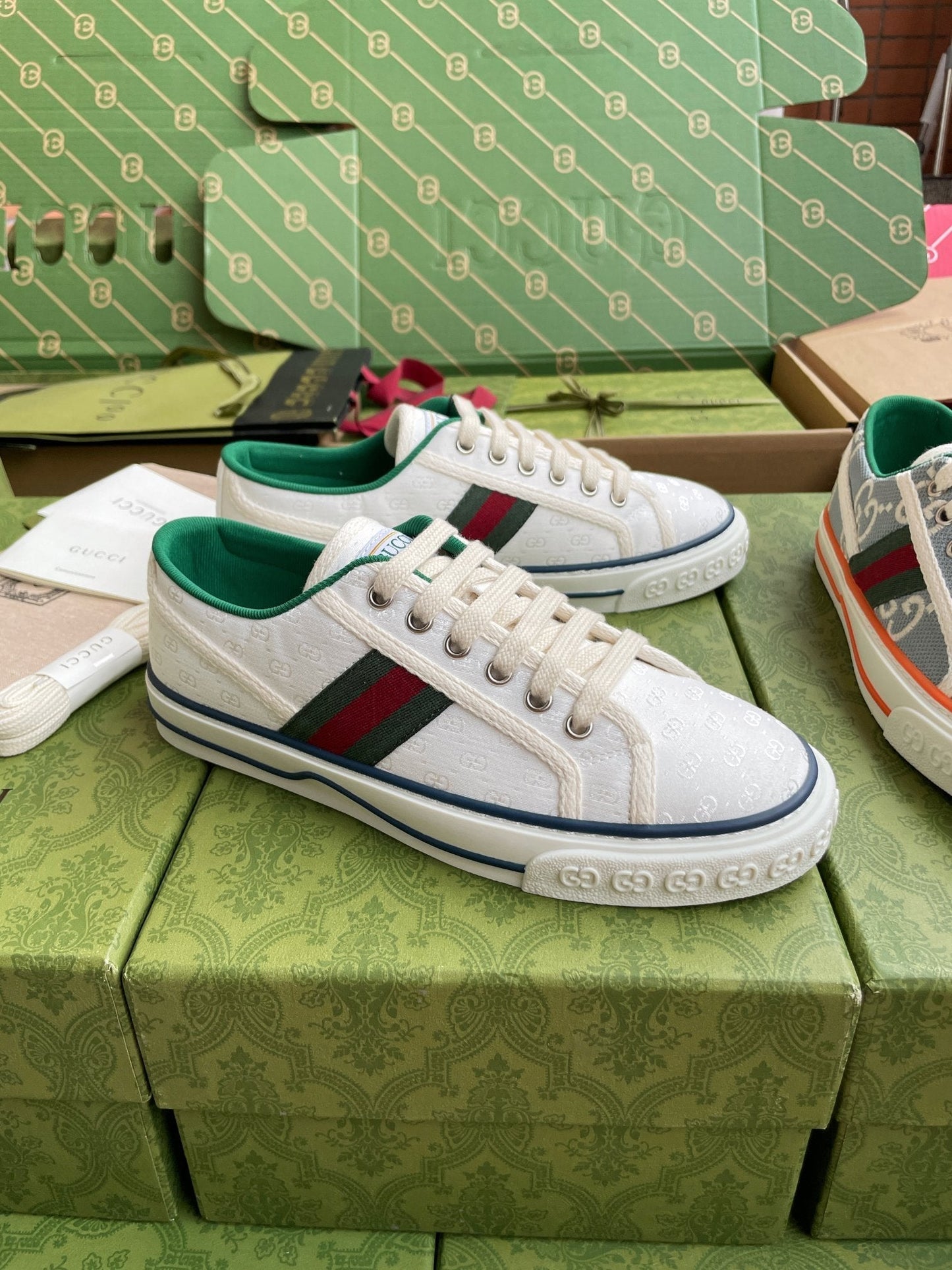 GG 26 Platform Sneaker White Green Monogram Canvas 632829