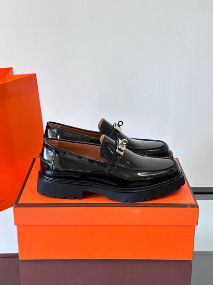 Hermes 2026 Paris Loafer Black Leather with Silver Buckle