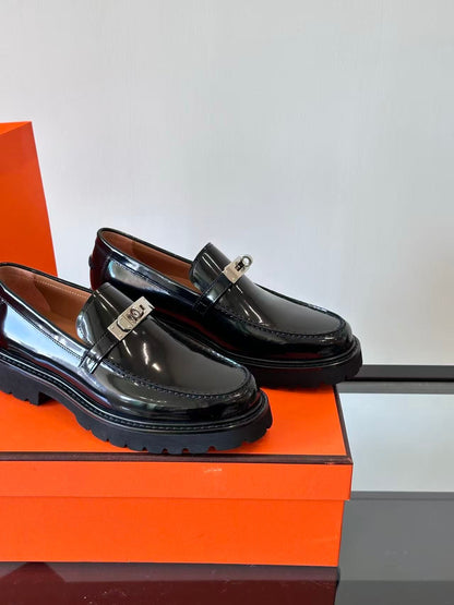 Hermes 2026 Paris Loafer Black Leather with Silver Buckle