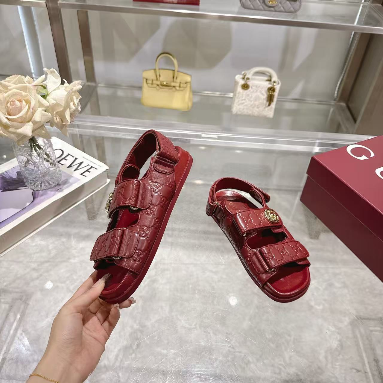 Gucci 2026 Guccissima GG Embossed Sandals Rosso Ancora Red Leather