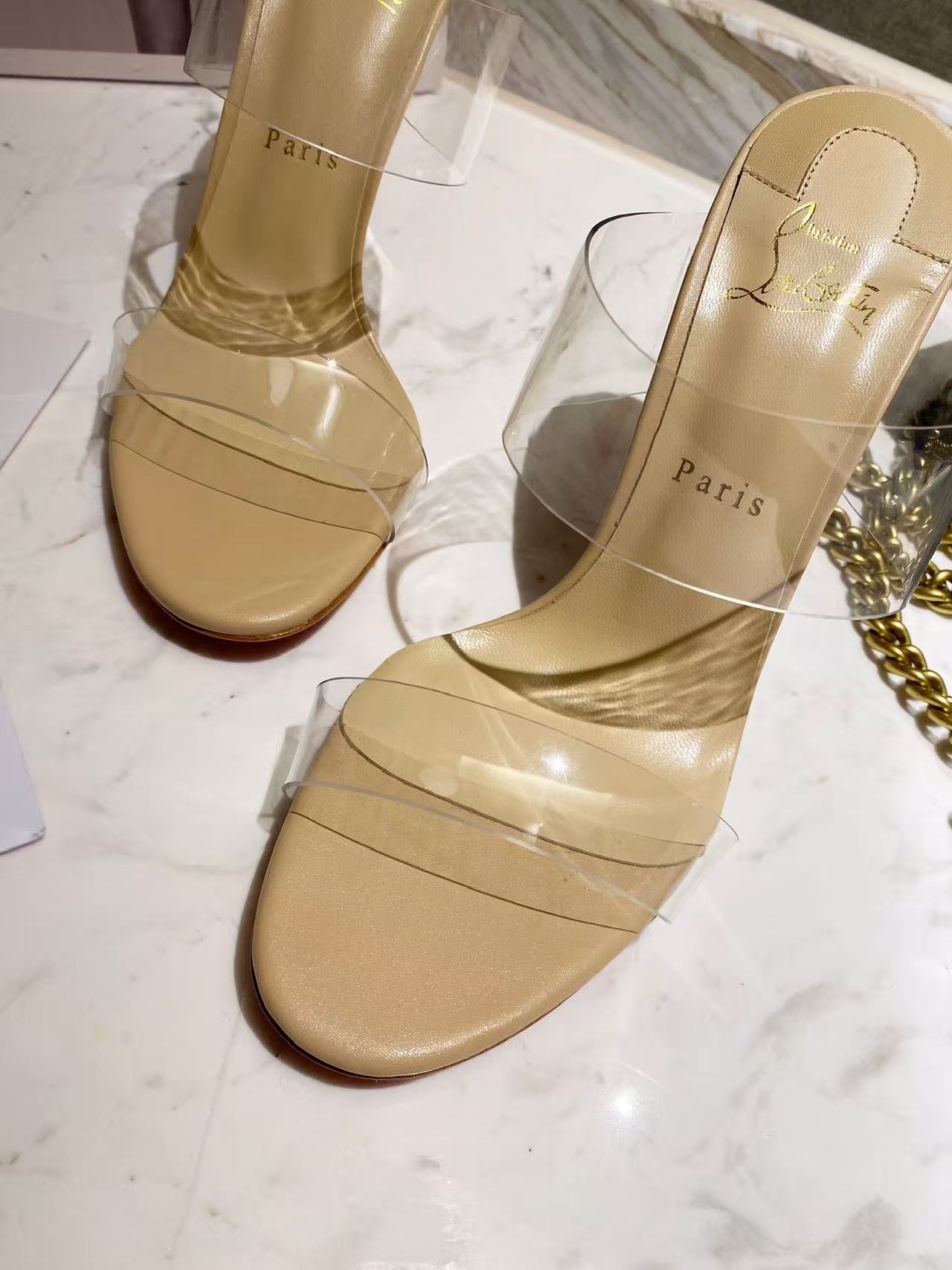 Christian Louboutin 2026 Just Nothing TPU Sandal 100mm Beige Leather