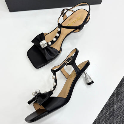 Chanel 2026 Bow Pearl Sandal Black Sheepskin