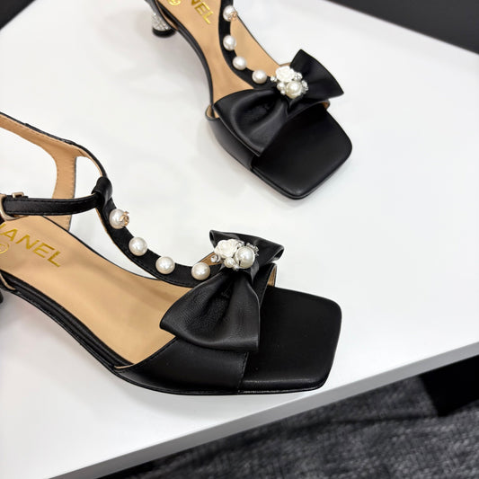 Chanel 2026 Bow Pearl Sandal Black Sheepskin