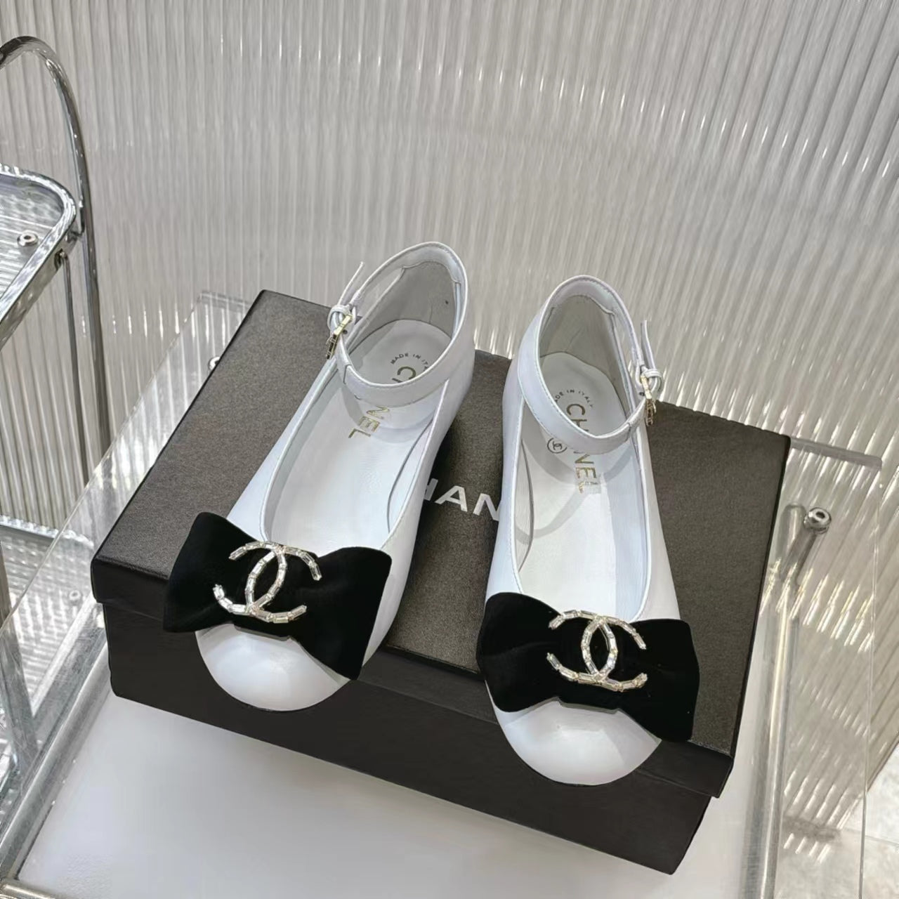 Chanel 2026 Mary Jane Ballet Flats Sheepskin Crystal CC Logo Bow 791131