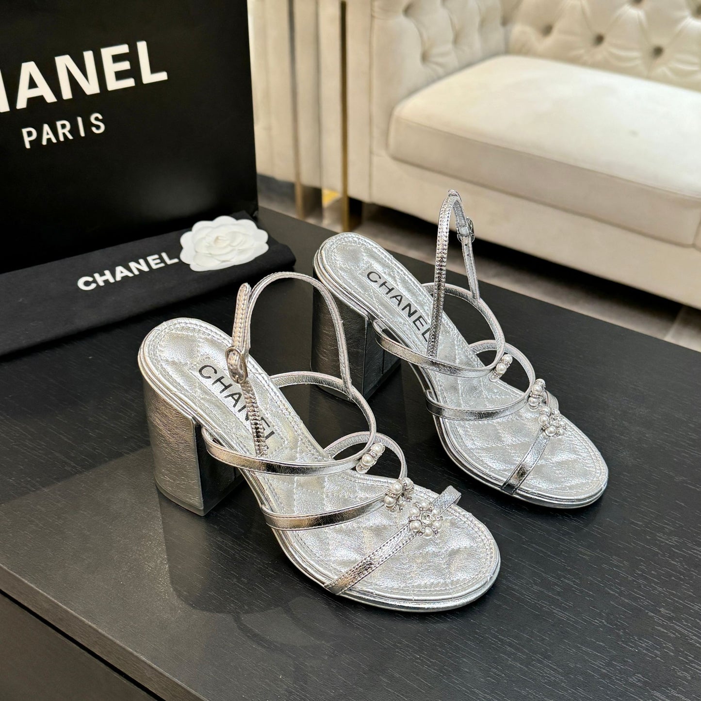 CC 2026 Camellia Chunky Heeled Sandals  90 Lambskin