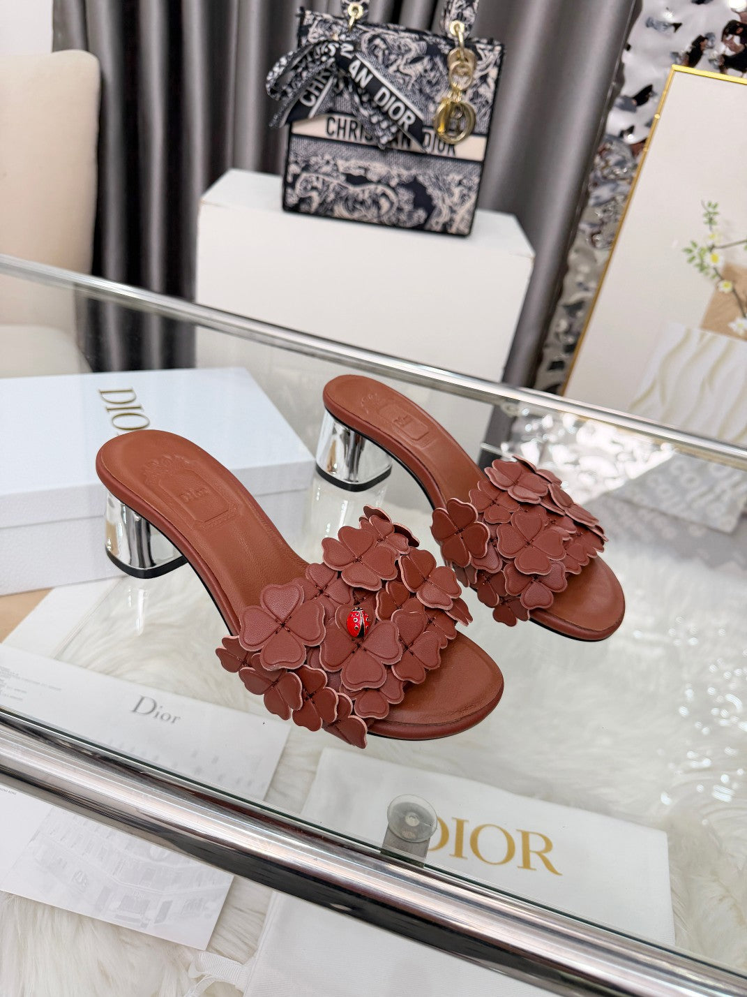 CD 26s Floral High Heel Slippers 60 Genuine Leather 684629