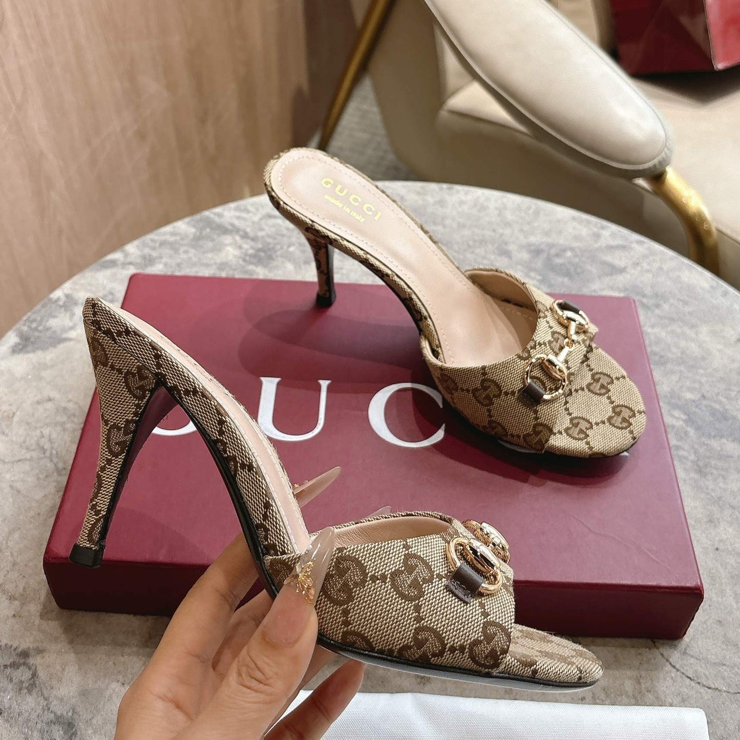Gucci 2026 Horsebit High-Heeled Sandals Beige Canvas Leather