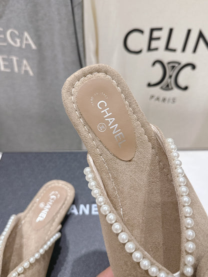 Chanel 2026  Pearl Bow Flat Slipper Suede Sheepskin 713038