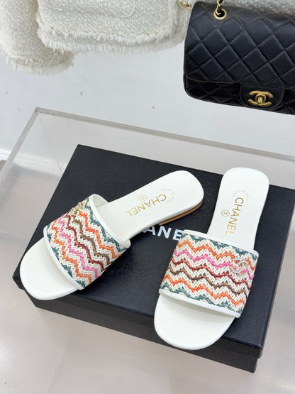 CC 2026 Knitted Double C Flat Slippers Multicolor Woven Sheepskin