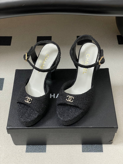 Chanel 2026 High heeled Chunky Platform Peep-toe Sandals Tweed Leather