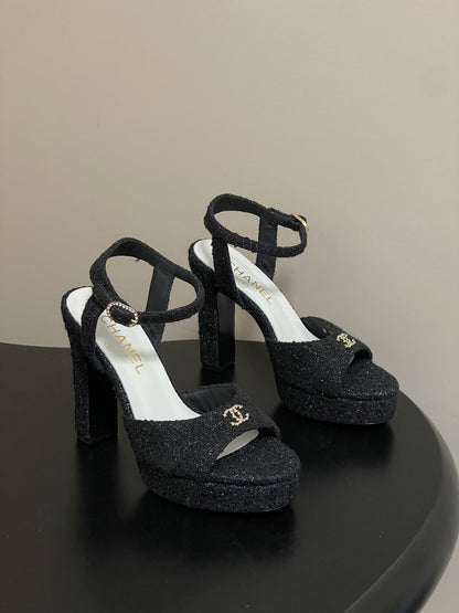Chanel 2026 High heeled Chunky Platform Peep-toe Sandals Tweed Leather