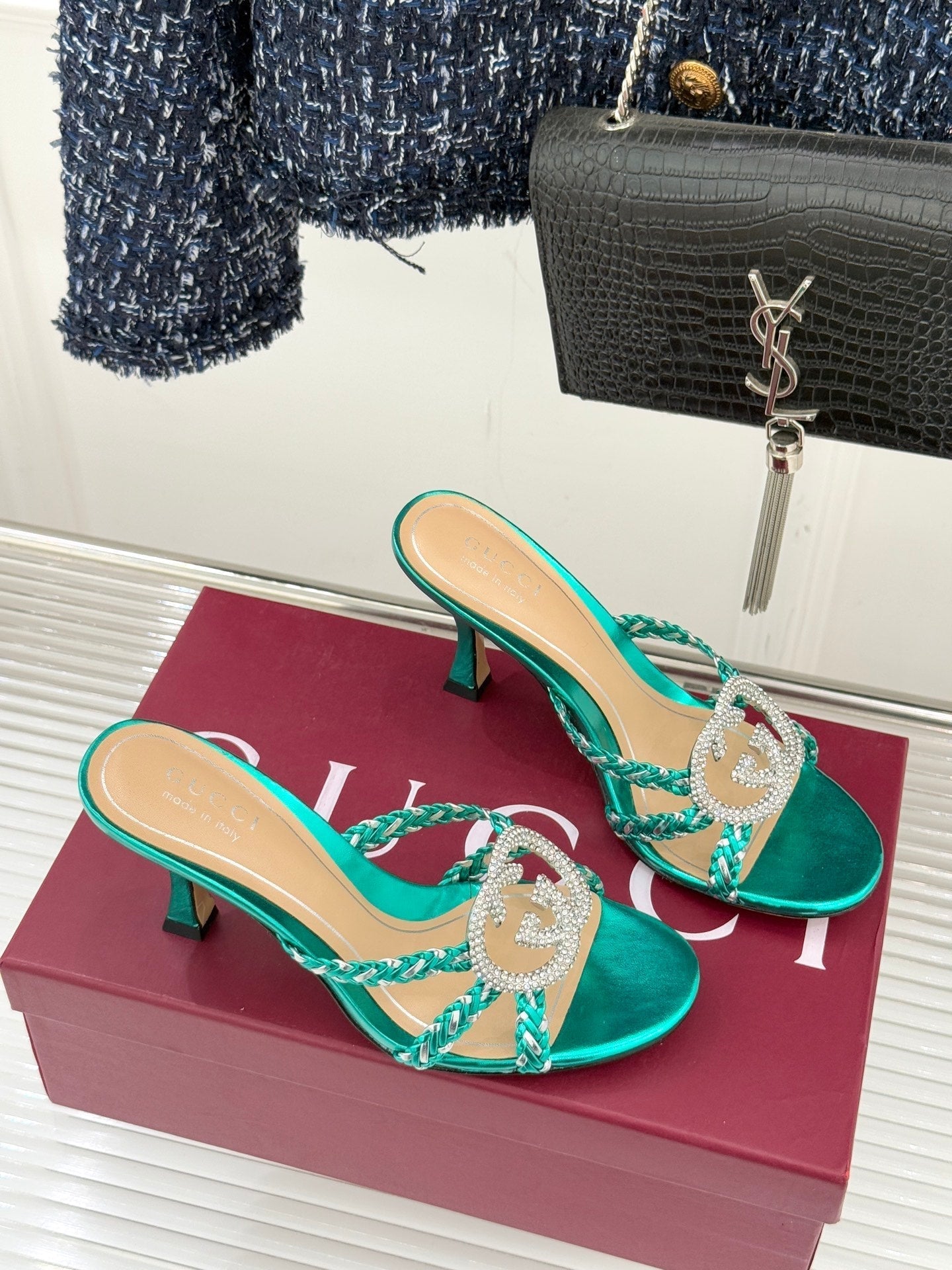 GG 26ss High Heel Sandals 75 Sheepskin Rhinestone Double G