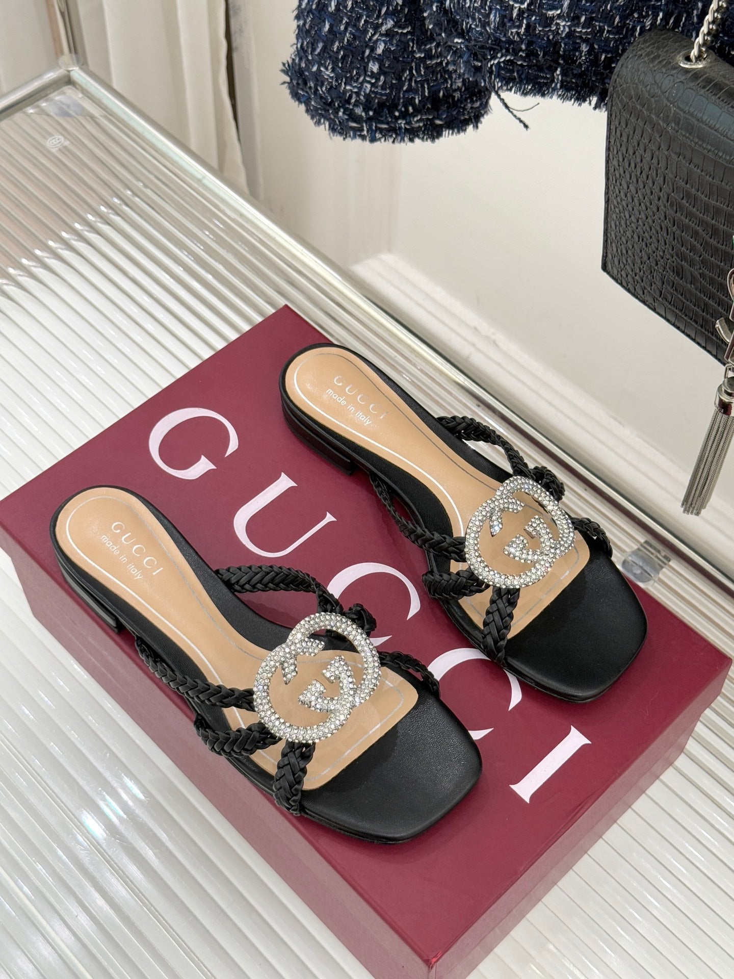 GG 26ss Slipper Rhinestone Double G Sheepskin