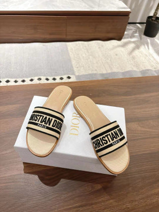 CD 26s Embroidered Sandals Beige Black Canvas Sheepskin 664322