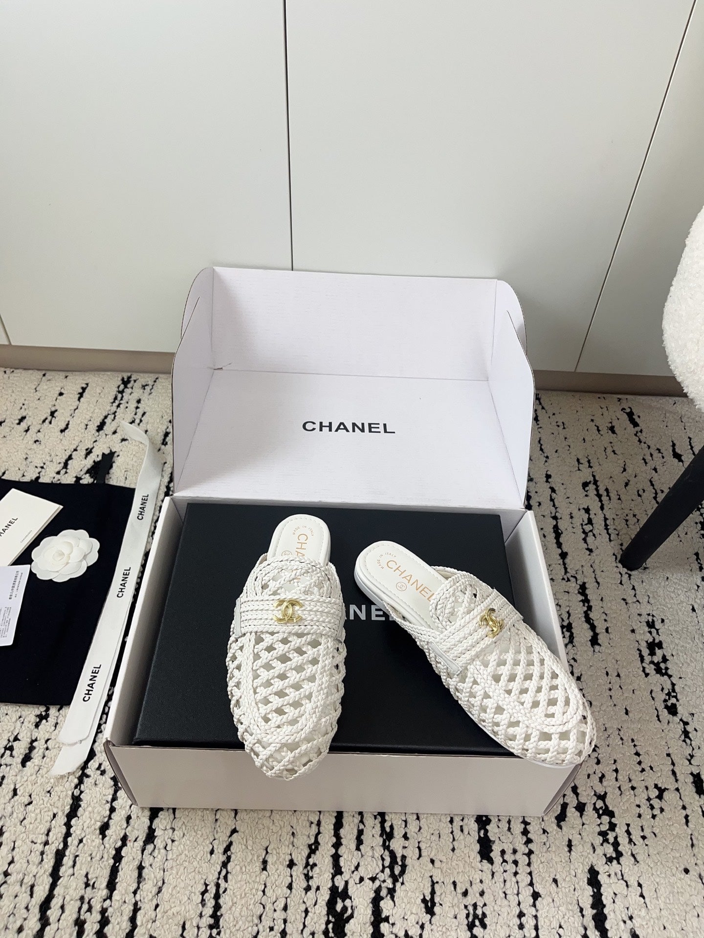 Chanel 2026 Crochet Mules Gold CC Logo Accent Sheepskin 778468