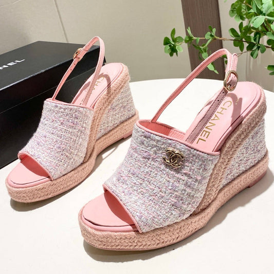 Chanel 2026 New Wedge Sandals 100mm Tweed Sheepskin 767261