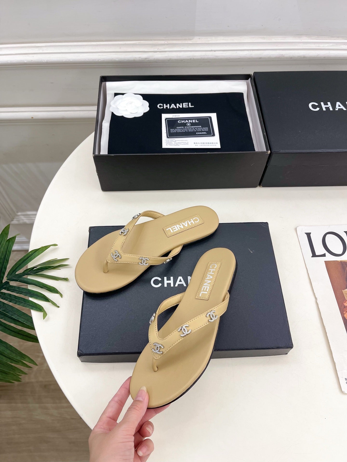 Chanel 2026 Double C Rhinestone Flat Flip-Flops Lambskin Sheepskin 831523