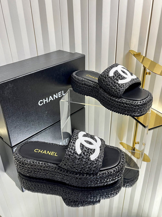 Chanel 2026 Crochet CC Platform Slide Sandals 40mm Raffia Leather 767882
