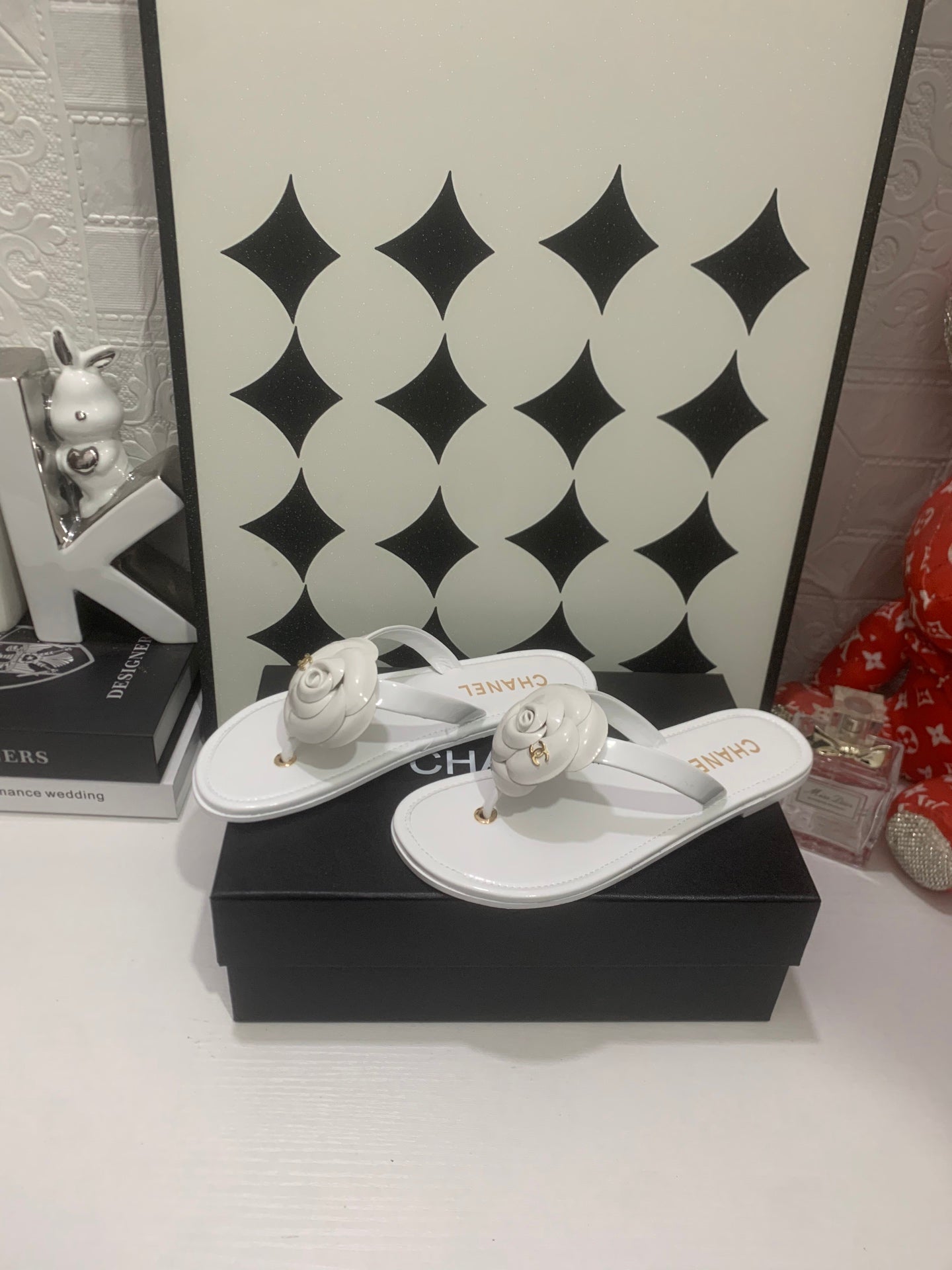 Chanel 2026 Camellia Flip-Flops Patent Calfskin 802344