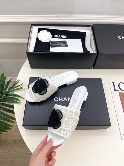 Chanel 2026 Camellia Flat Slippers Leather Sheepskin Tweed 831467