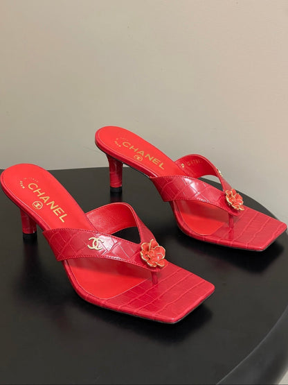 Chanel 2026 Camellia Flip-Flops High-Heeled Cowhide Sheepskin 834726